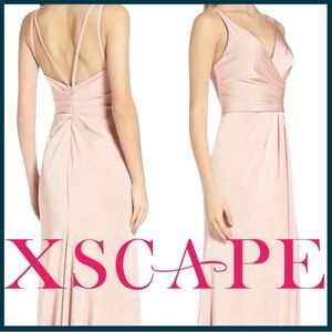 Xscape Blush Pink V-Neck Gathered Bodice Side Slit Gown Evening Dress (4)